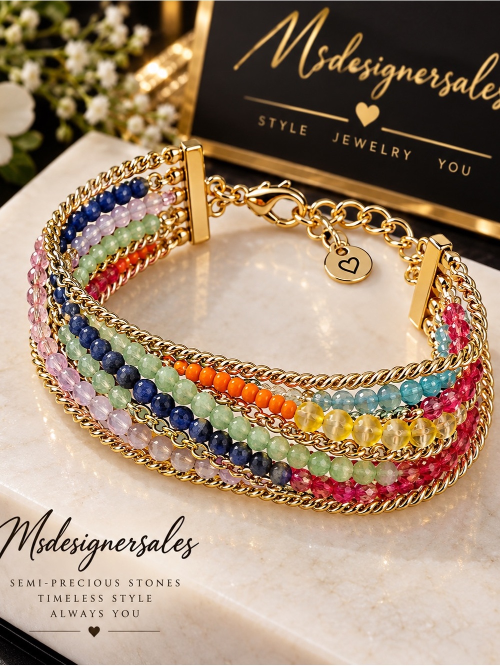 Multicolor Semi-Precious Beaded Gold Chain Bracelet